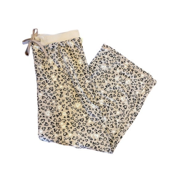 Splendid Neutral Beige & Black Leopard Pattern Hearts Womens Pajama Lounge Pants - Picture 1 of 7